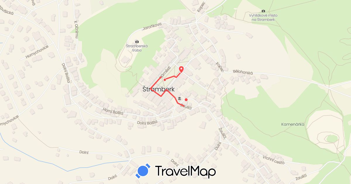 TravelMap itinerary: driving, hiking in Czech Republic (Europe)