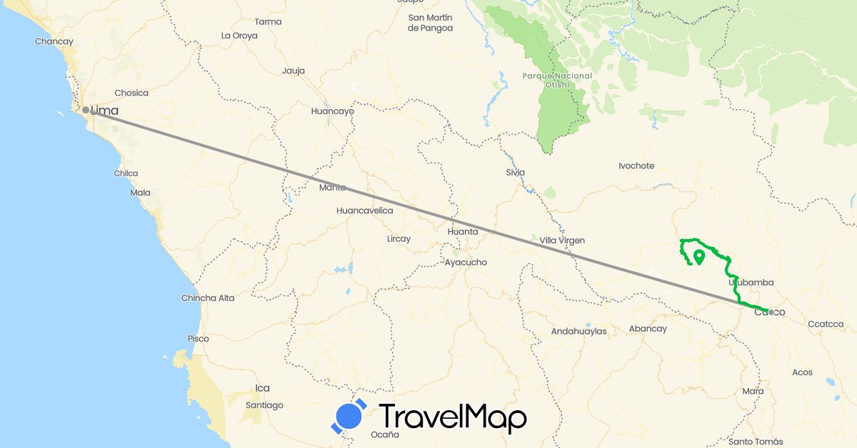 TravelMap itinerary: driving, bus, plane in Peru (South America)