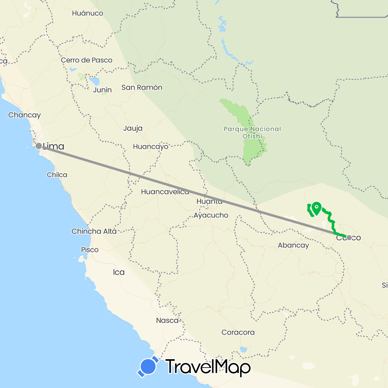 TravelMap itinerary: driving, bus, plane in Peru (South America)
