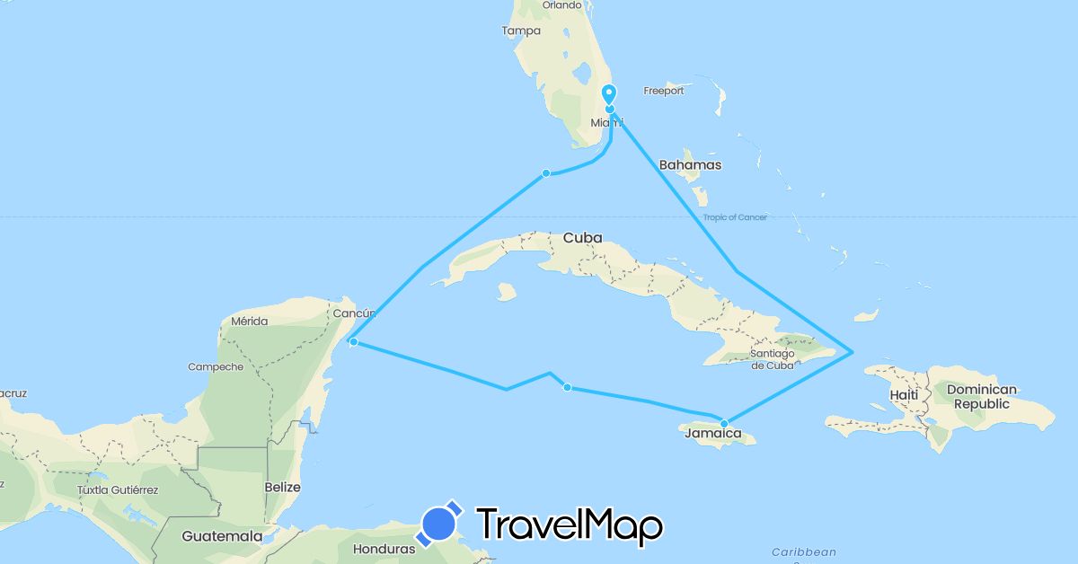 TravelMap itinerary: driving, boat in Jamaica, Cayman Islands, Mexico, United States (North America)