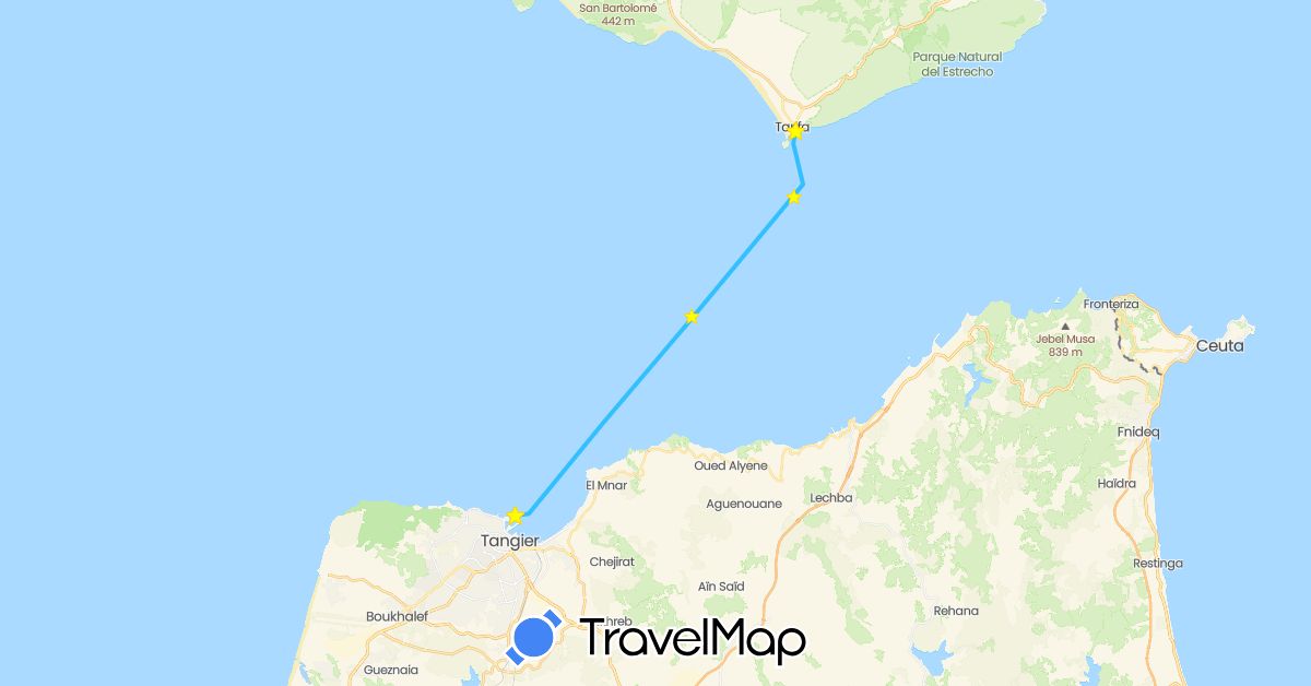 TravelMap itinerary: driving, boat in Spain, Morocco (Africa, Europe)