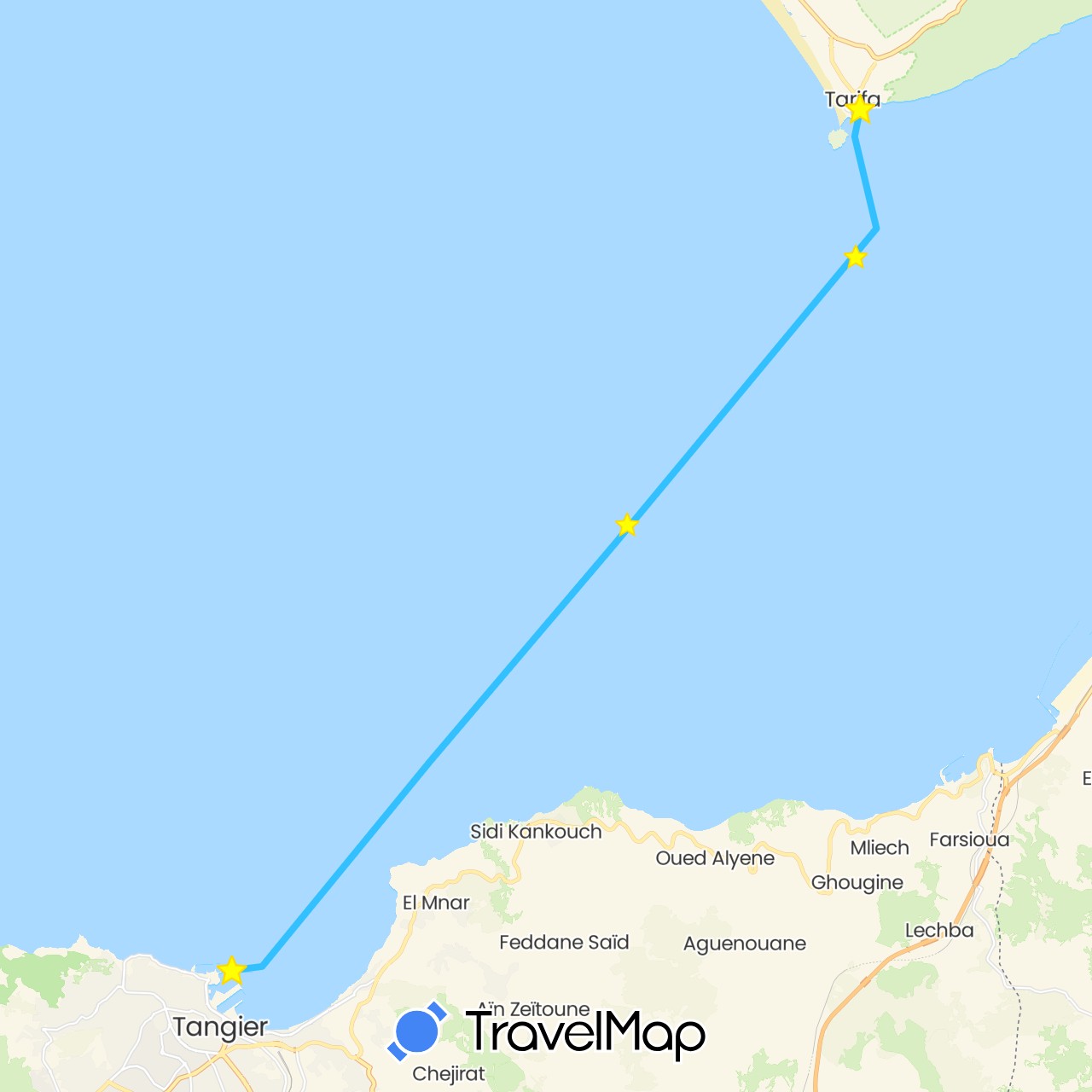 TravelMap itinerary: driving, boat in Spain, Morocco (Africa, Europe)