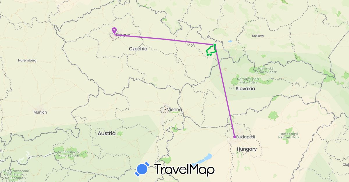 TravelMap itinerary: driving, bus, train in Czech Republic, Hungary (Europe)